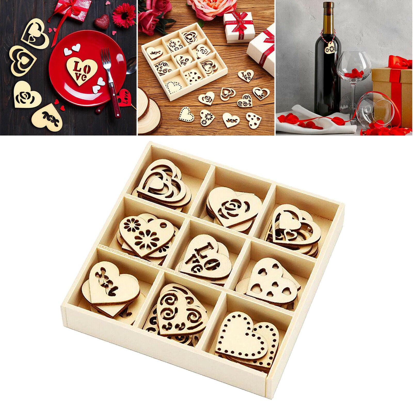 45Pcs Wooden Ornaments Heart Wood Embellishments Crafts Set Hollow Design with