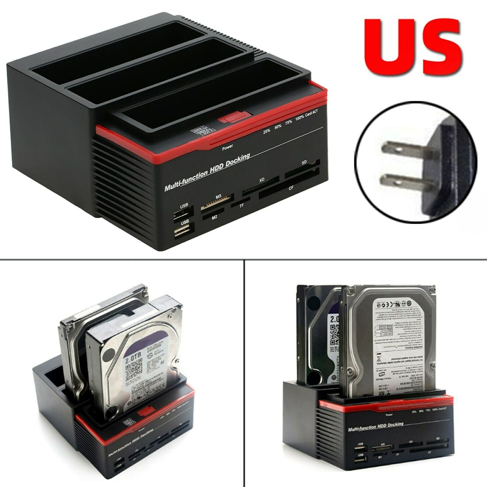3 HDD Docking Station IDE SATA Dual USB 3.0 Clone Hard Drive Card Reader US