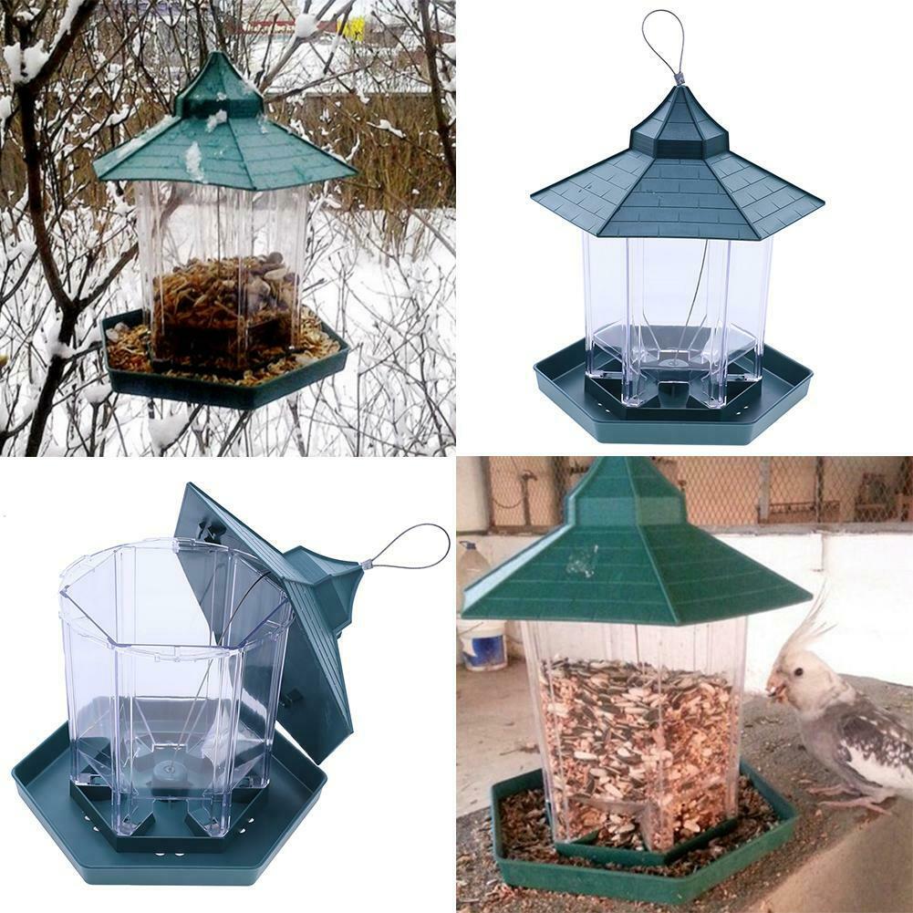 Green Pavilion Bird Feeder Plastic Hanging Bird Food Container Garden Decor @