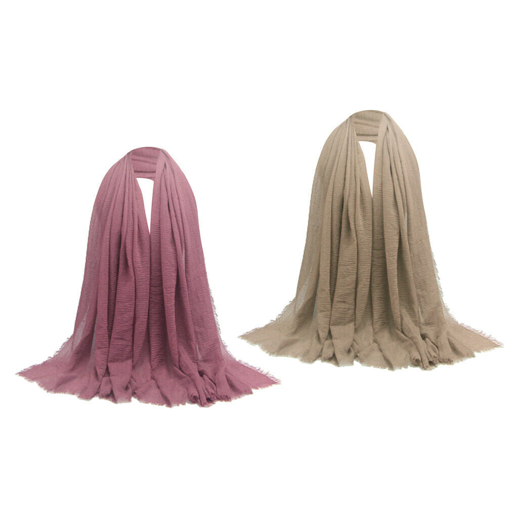 2PCS Women Long Scarf Plain Pleated Hijab Muslim Turban Headscarf Neck Wrap