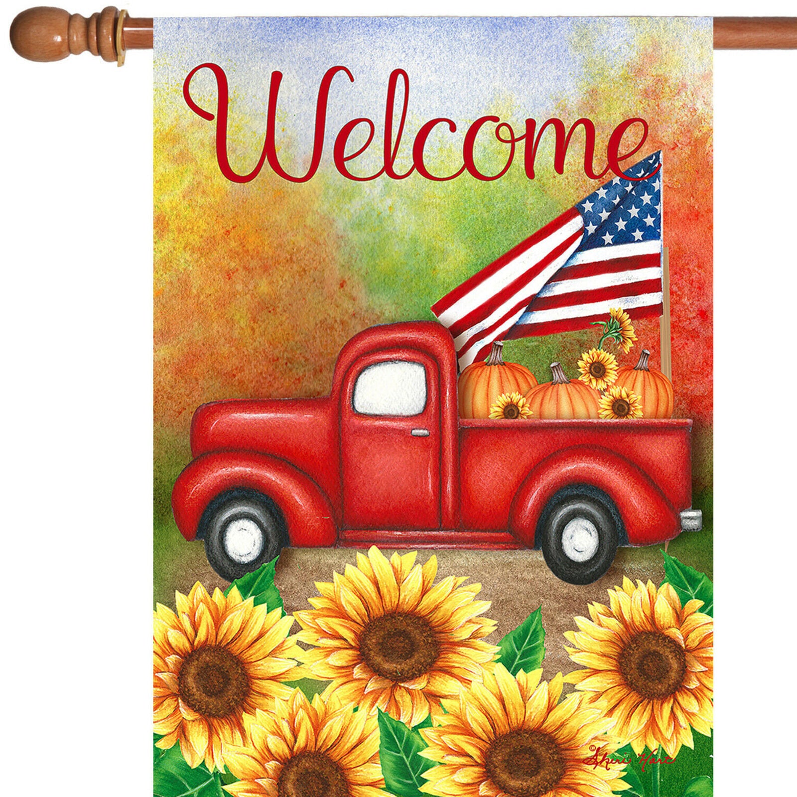 Toland Welcome Harvest Truck 28 x 40 Fall Autumn Sunflower USA House Flag