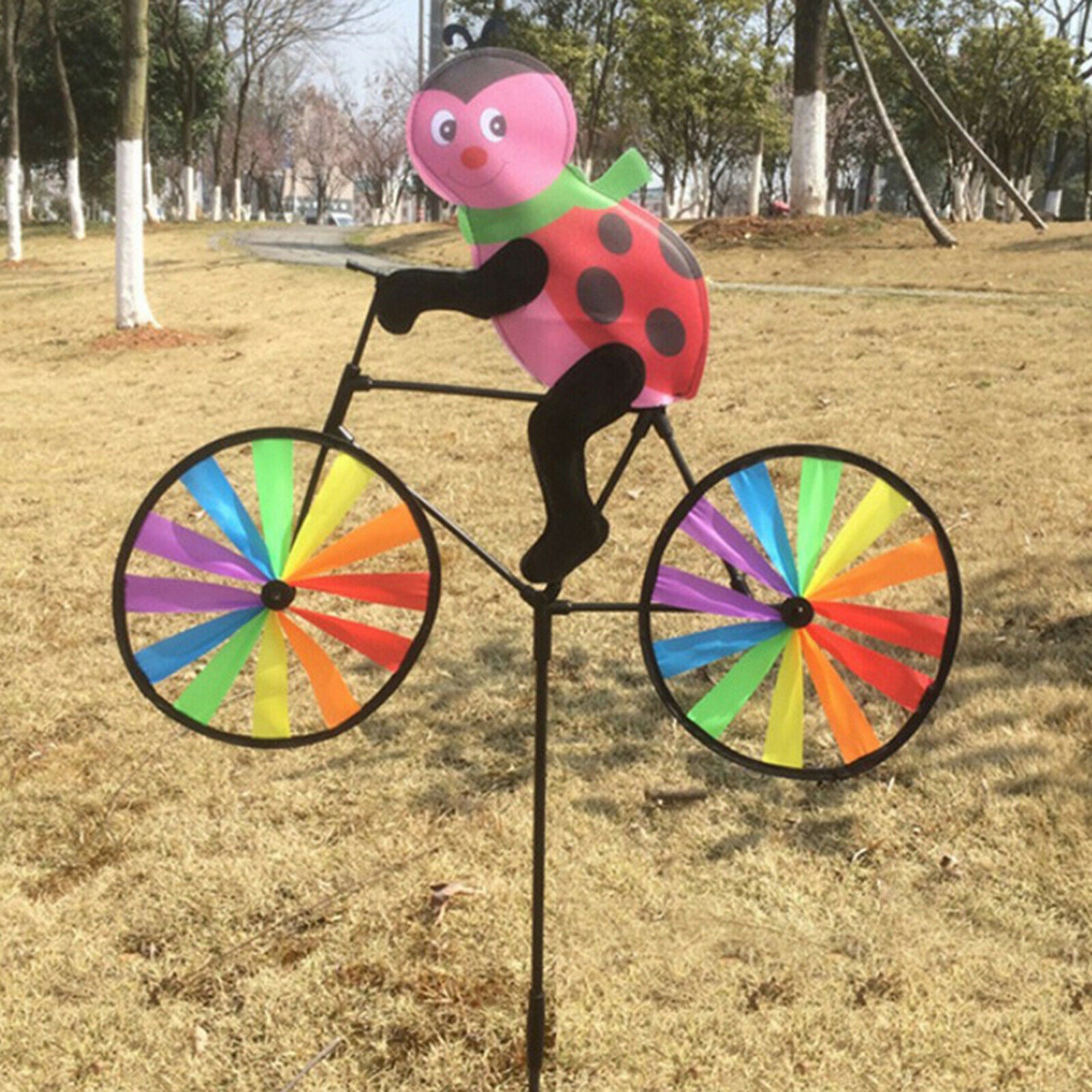 Outdoor Garden Stake Ladybird Riding Bike Windmill Wind Spinner Ornament