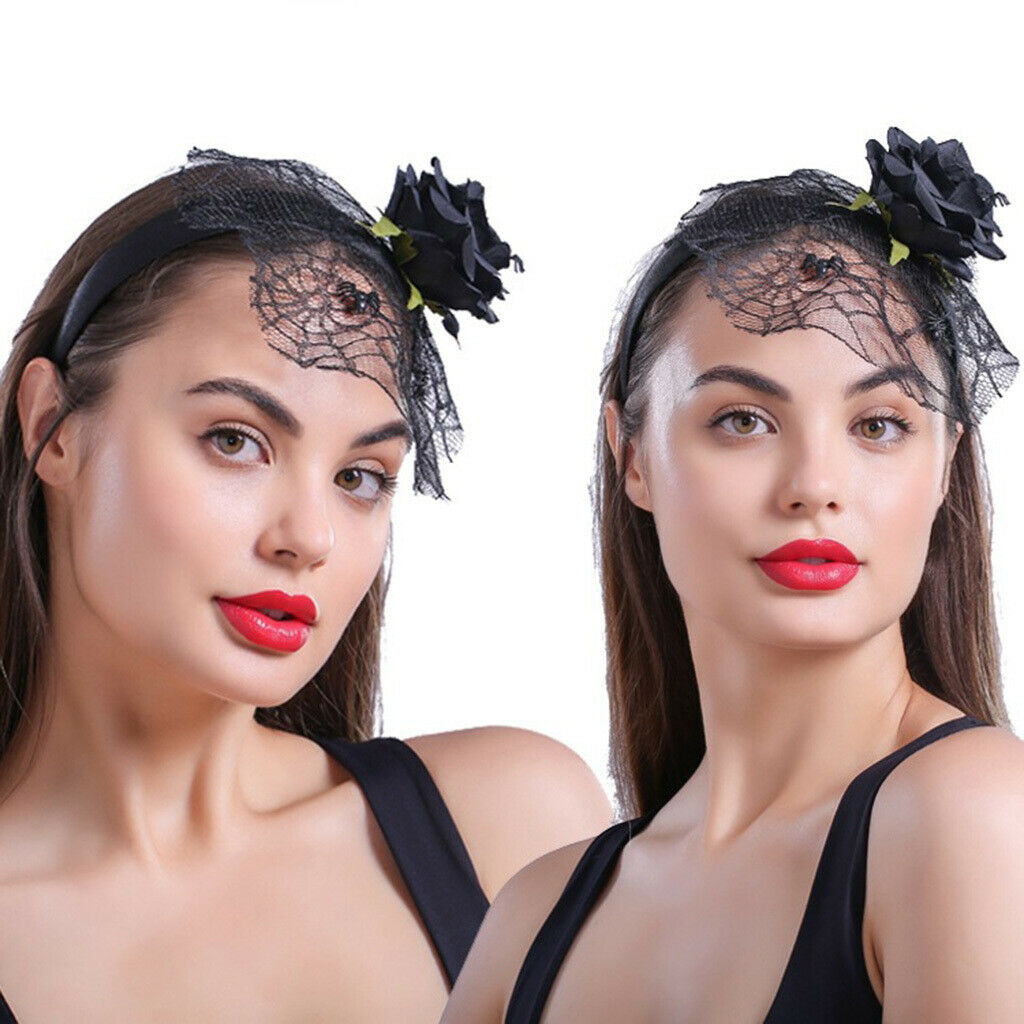 Black Flower Headband Veil Spider Headpiece Hair Band Masquerade Fancy Dress