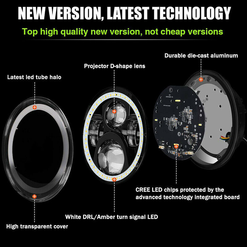7 Inch LED Headlights DRL Hi/Lo Beam 55W 35W Ring Amber Angel EyeB'JIN VPDFAU