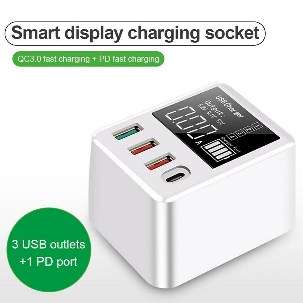 QC3.0 PD Type C USB Fast Charger 4 Ports 40W LED Display Travel Wall Charger US