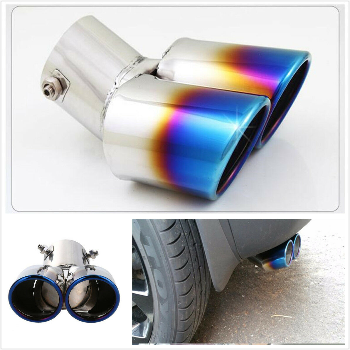 Universal Blue Burnt Dual Exhaust Pipes Rear Tail Muffler Tips Stainless Steel