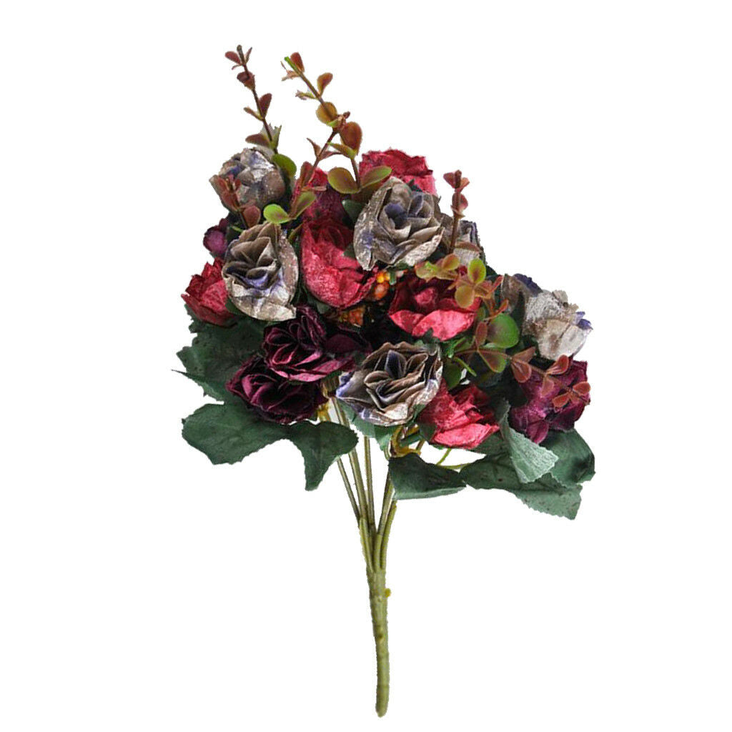 21-Head Silk Flower Artificial Rose Wedding Floral Bouquet Decor Dark Red