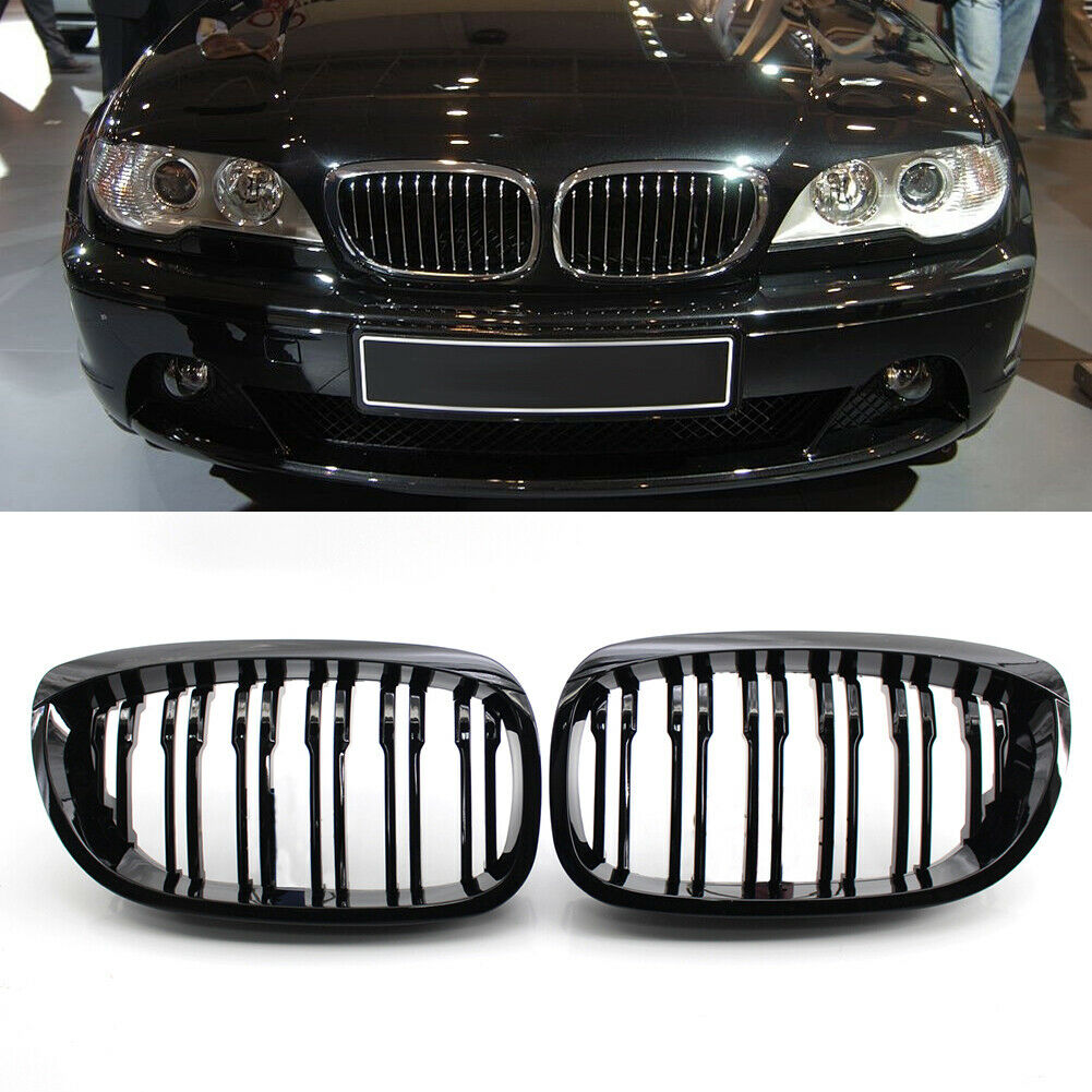 1 Pair Gloss Black Double Slat Kidney Grille Grill for BMW 3-Series E46 @
