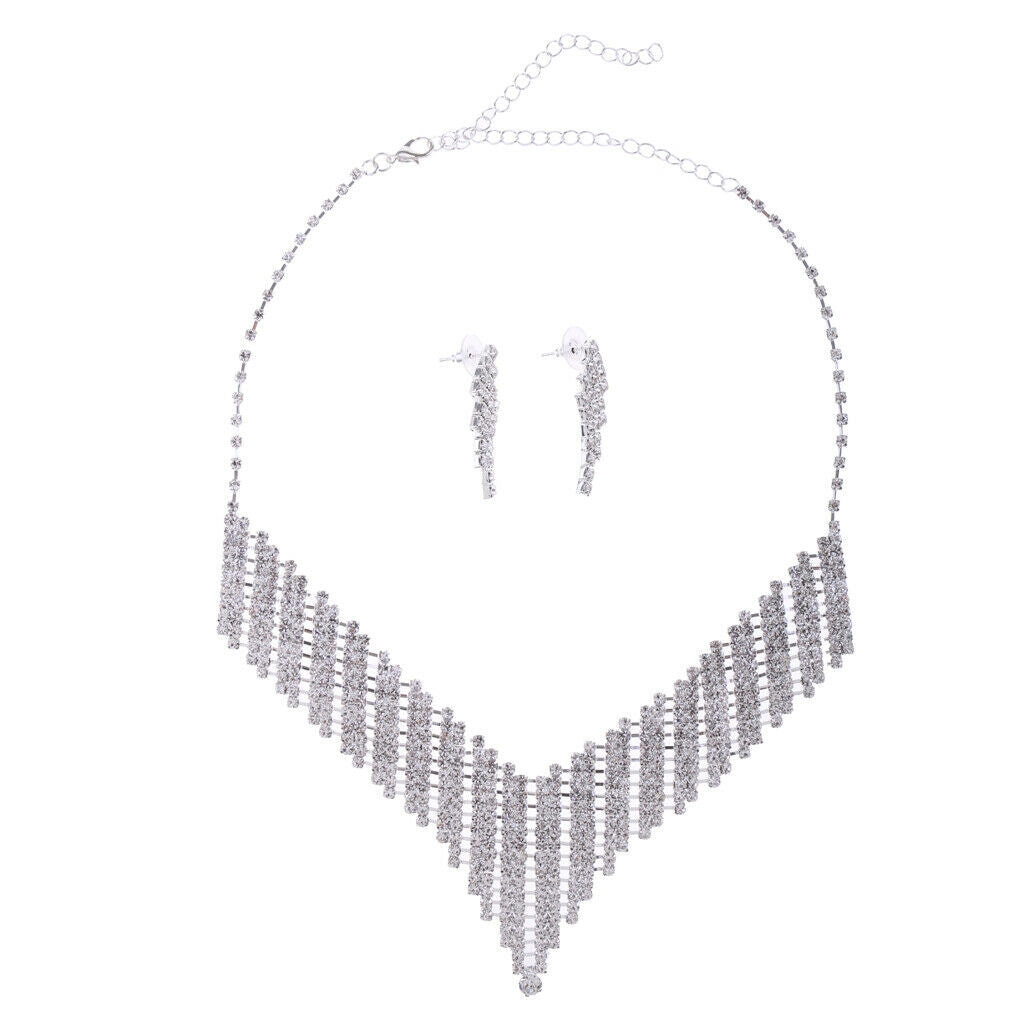 Elegant Crystal Rhinestone Statement Necklace Earring Wedding Jewelry Set