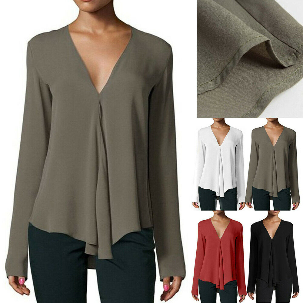 Women Summer V-neck Long Sleeve Casual T Shirt Tops Blouse Chiffon Shirt
