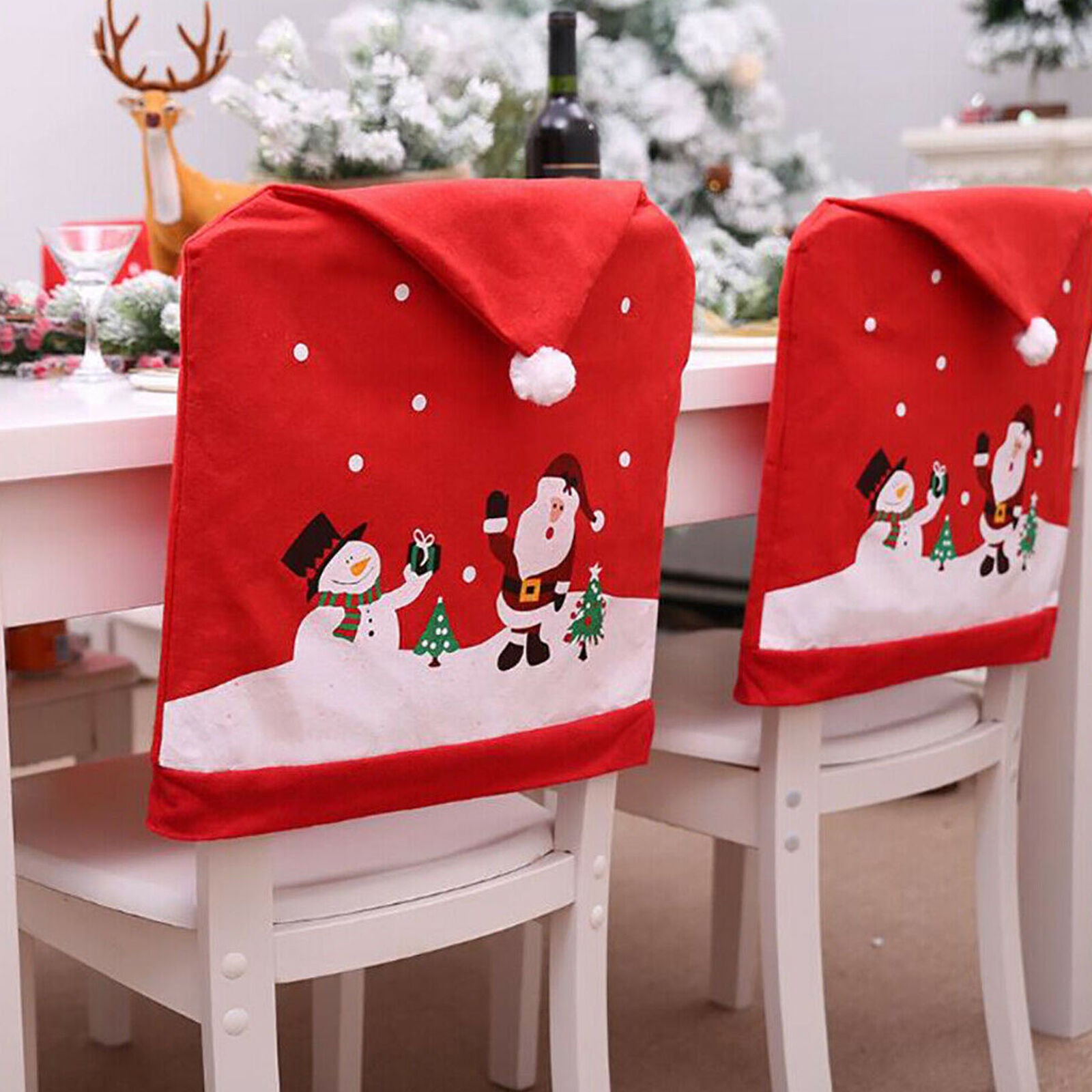 4x Christmas Decor Chair Covers Dining Seat Cover Santa Claus Home Party Decor