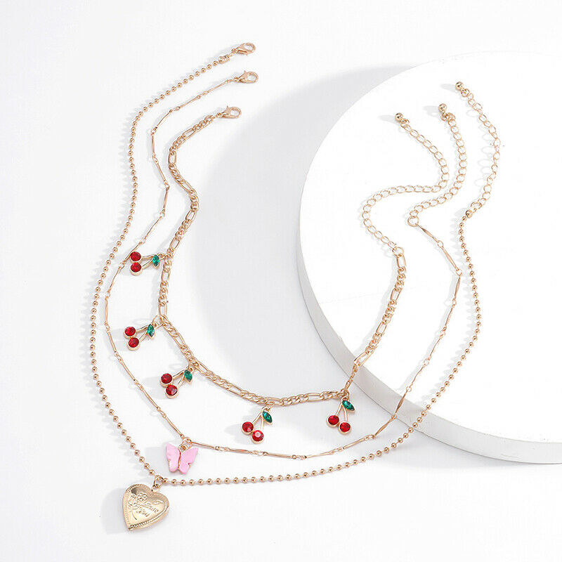 Acrylic Butterfly Heart Pendant Necklace Women Multilayer Cherry Choker J.l8