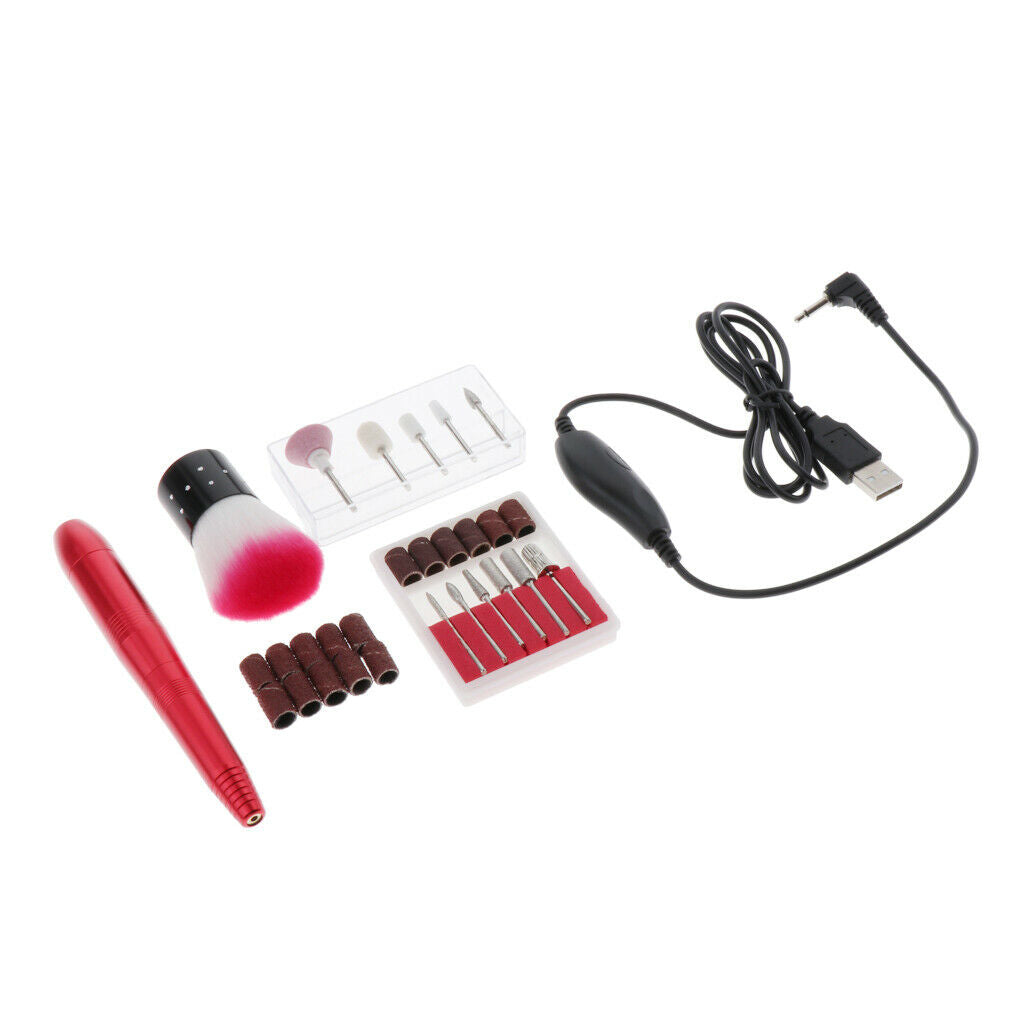 Electric Nail Drill File Machine Kit Manicure Nail Polisher Drill Bits Brush Red