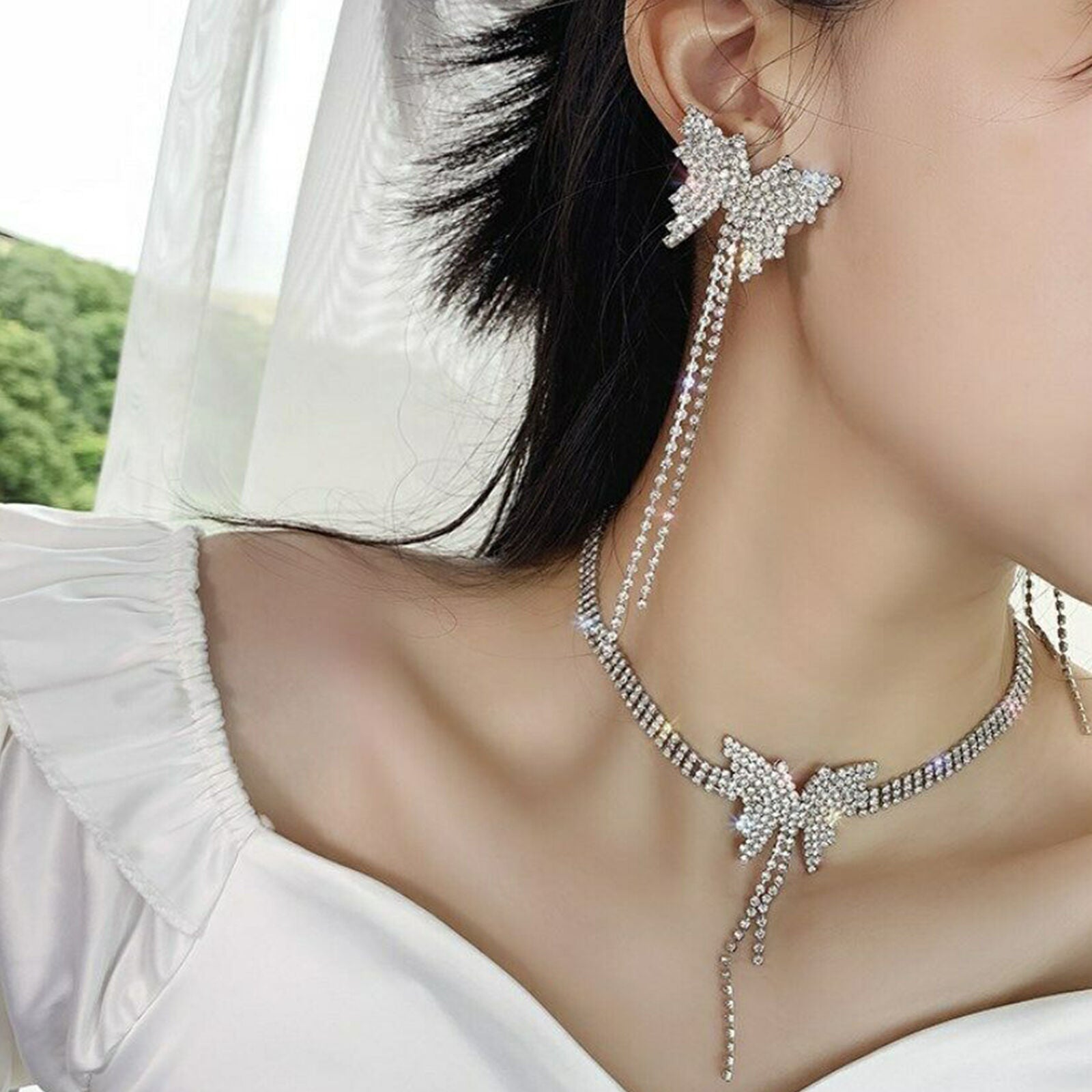 Rhinestone Butterfly Pendant Necklace Choker Earring Women Girls Jewelry Gift