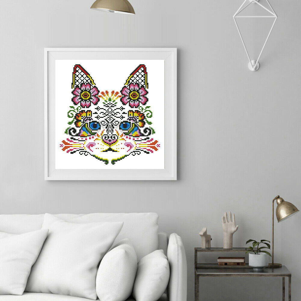 Stamped Print Embroidery Needlework DIY Flower Cat Beaded Cross Stitch Kits @