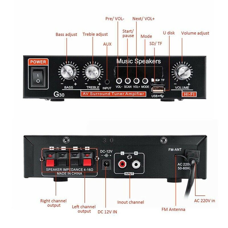 G30 Audio Amplifier Amplificador Digital Home Power Bluetooth Hifi Stereo SubwO3