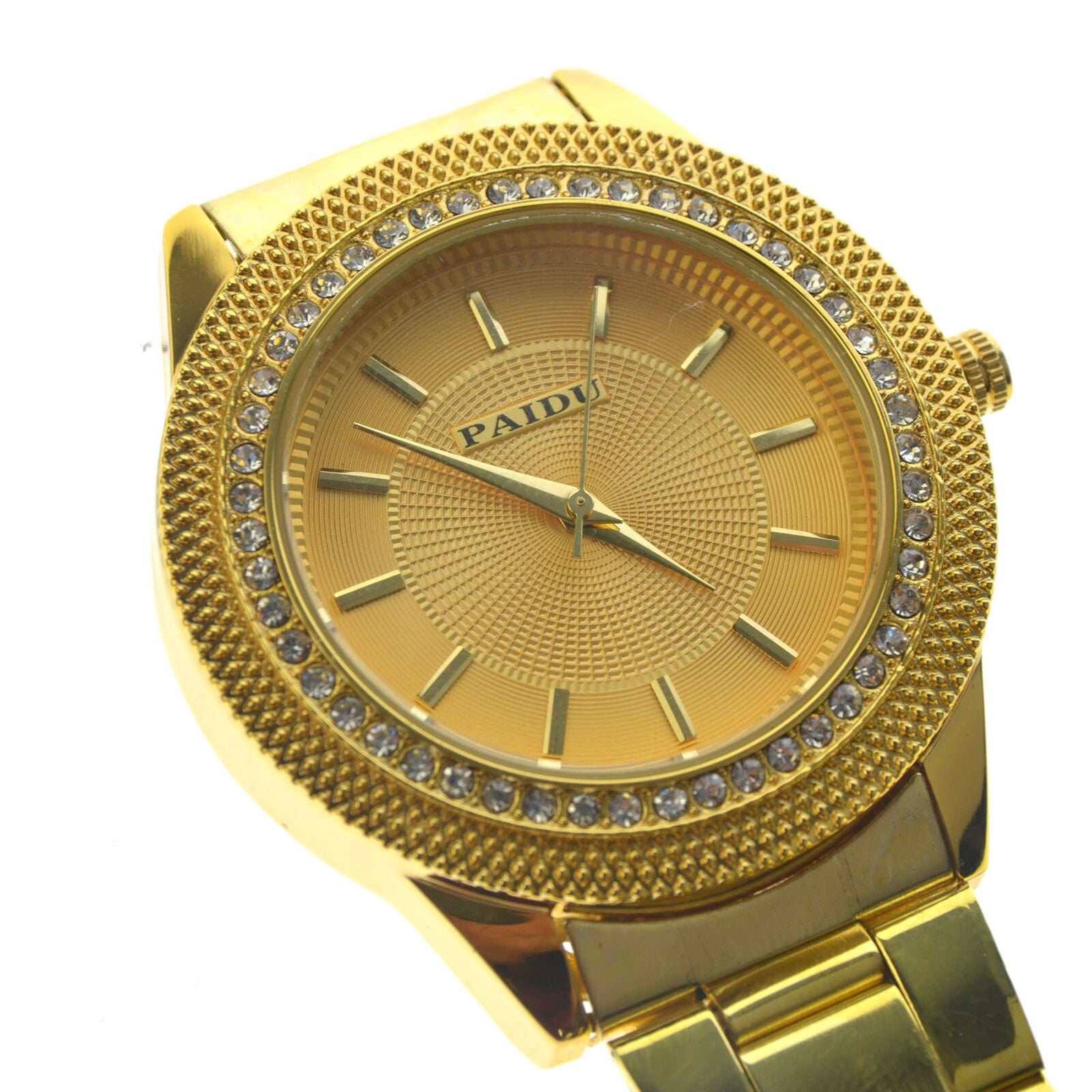 Luxury Mens Stainless Steel DATE DAY Rhinestone Crystal Steel Quartz Wrist Watch