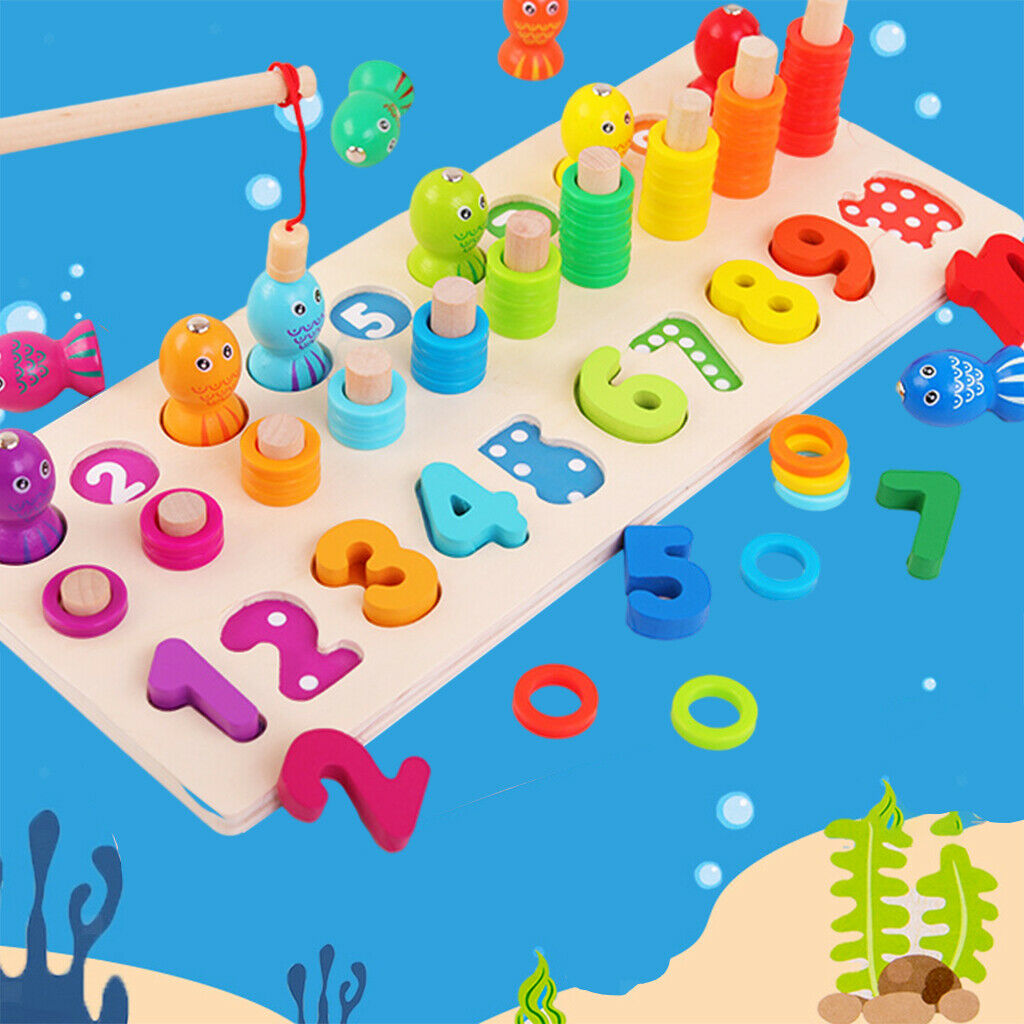 Baby Wooden Math Fishing Counting Board Education Game for Children Kids