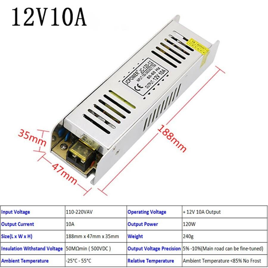 12V 10A 120W Regulated Switching Power Supply LED Strip CCTV PSU Aluminum Shell