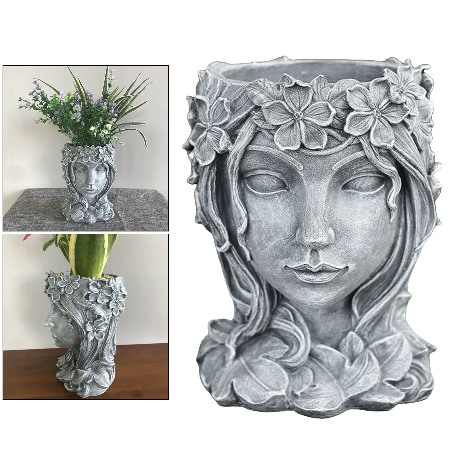 Face Sculpture Succulent Cactus Head Flowerpot Plant Pots Container Gray