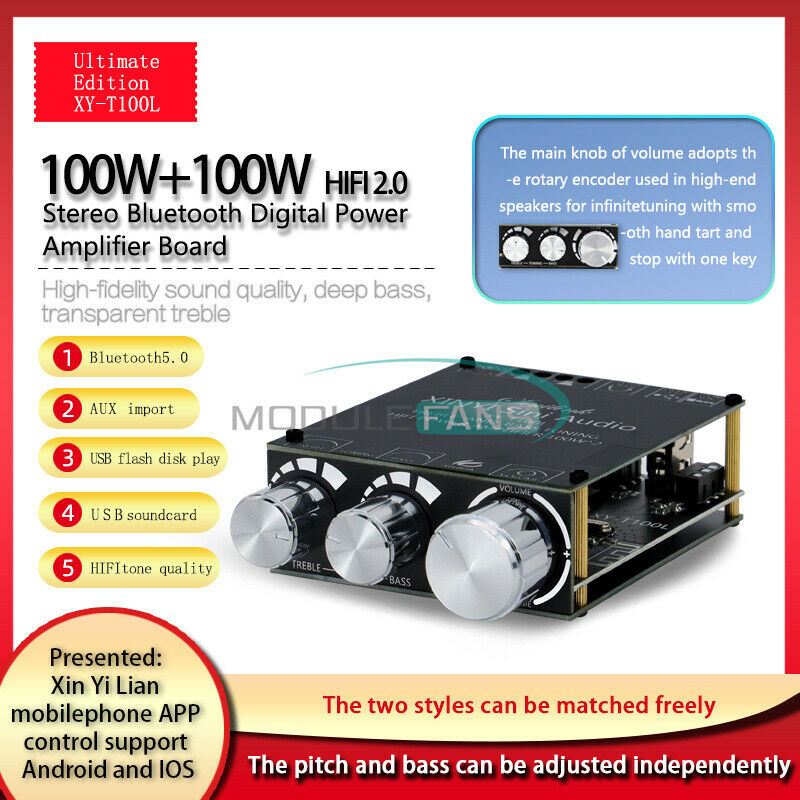 T100L HIFI Bluetooth 5.0 Stereo Digital Power Amplifier Board Module 100WX2