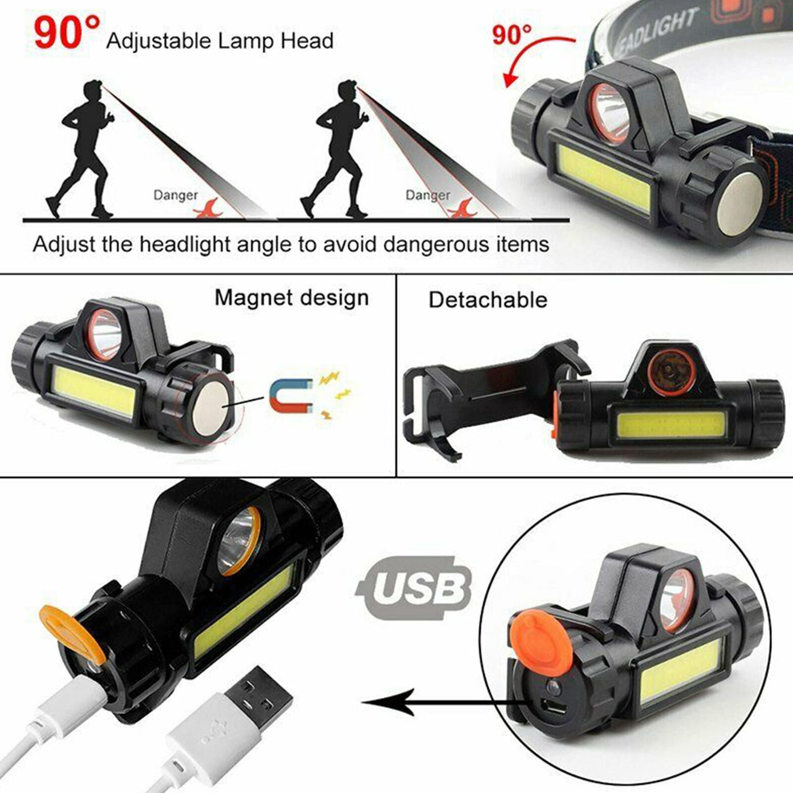 LED Headlamp USB Rechargeable Flashlight Waterproof Head Lamp Waterproof Camping