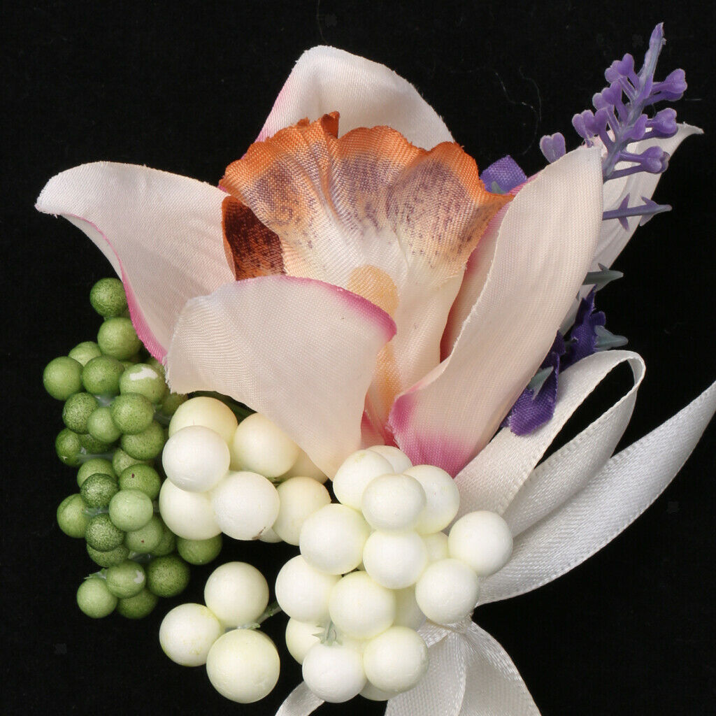 Wedding Bridal Groom Orchid Flower Boutonniere Corsage with Ribbon 8
