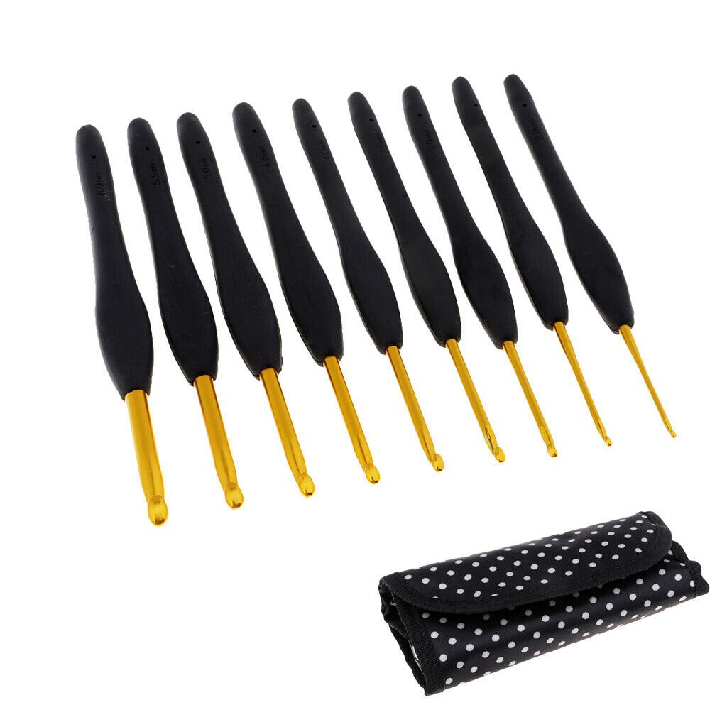9 Sizes Black Soft Handle Aluminum Crochet Hooks Needles with Case 2mm-6mm