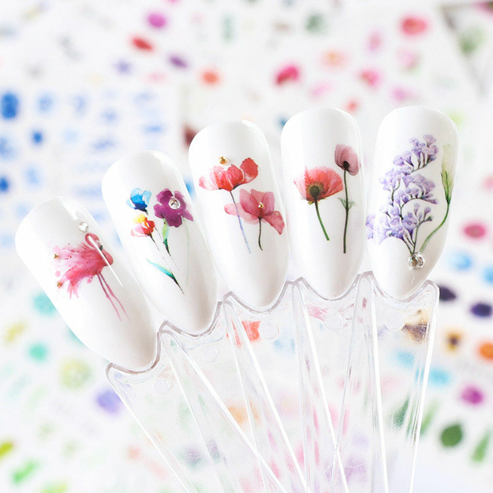 24 PCS Nail Art Stickers Watercolor Water Transfer Decals Flowers DIY Tips Lot