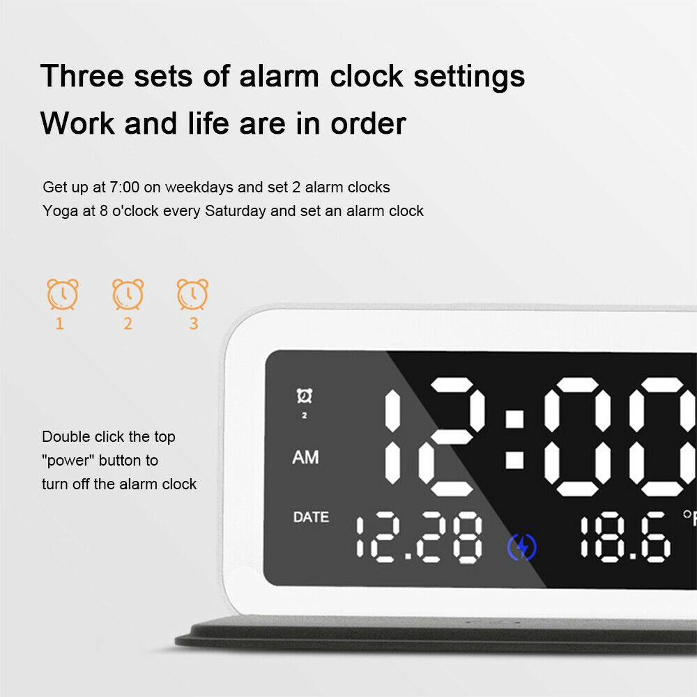 Digital LED Electric Alarm Clock With Phone Wireless Charger Thermometer Table