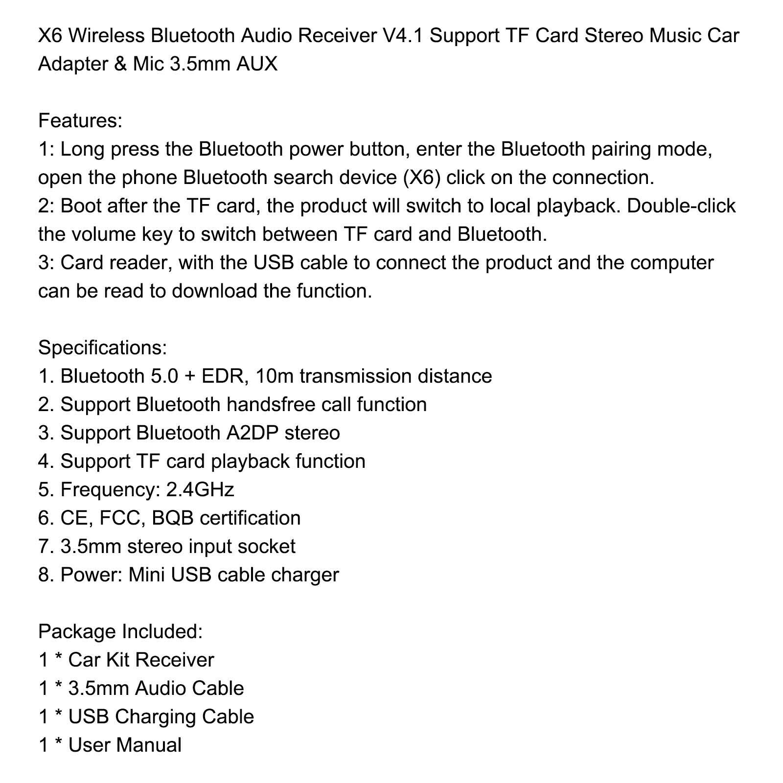 X6 Wireless Bluetooth Audio Receiver Stereo Music Car Adapter Support TF Card