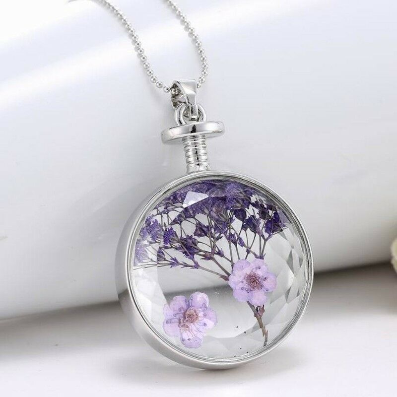 Natural Dried Flowers Necklace Pendant Pressed Lavender Glass Plant decor Gift