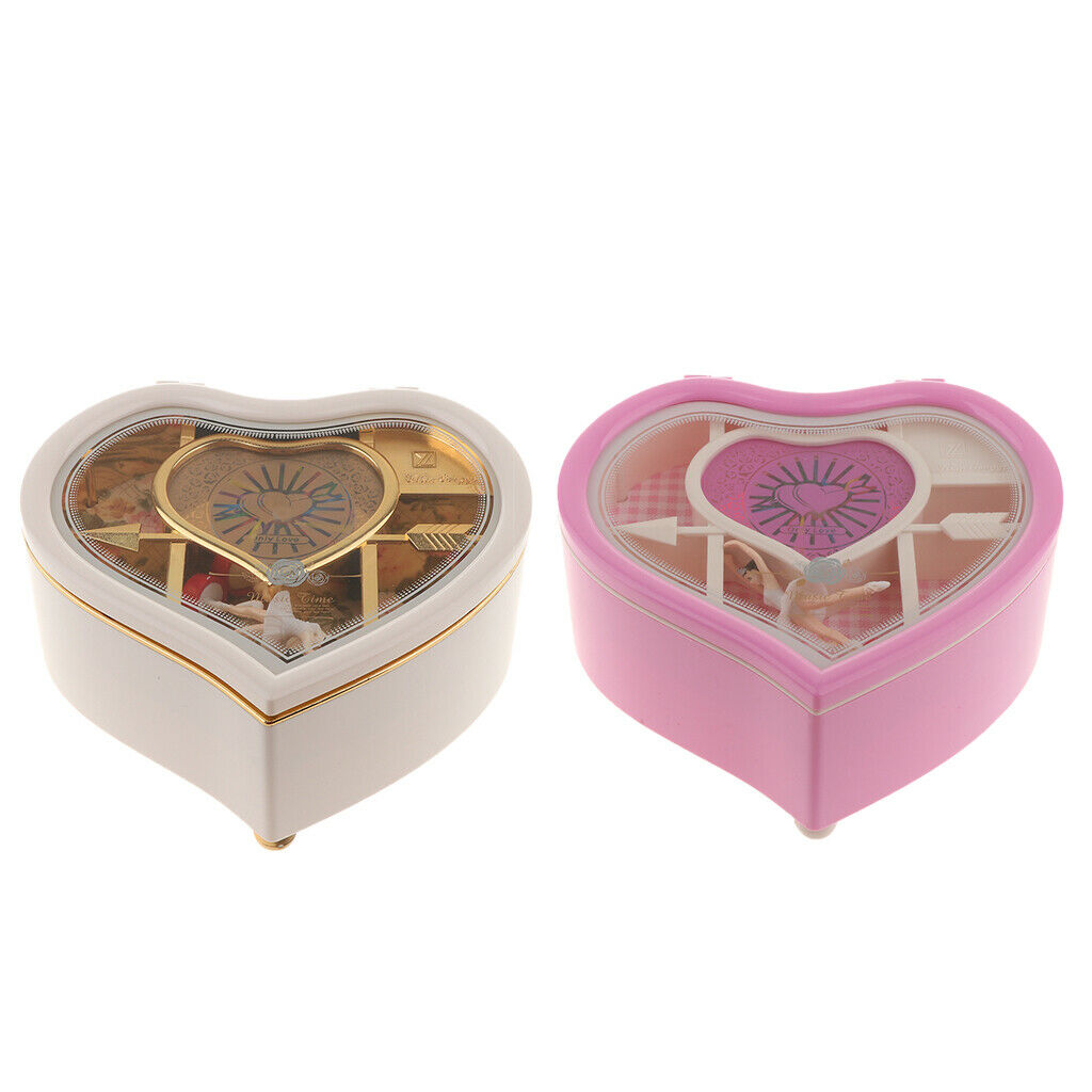 Romantic Heart Shape Rowling Ballerina Musical Jewelry Storage Box  White