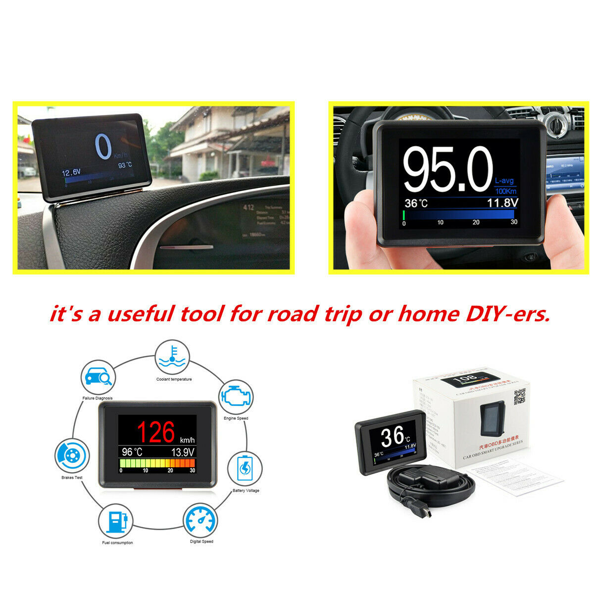 Speedometer Fuel Computer Display Consumption Meter Temperature Gauge Car OBD2