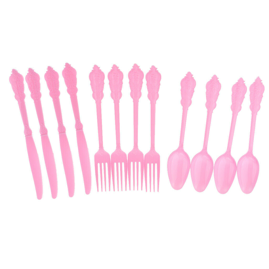 12pcs Embossed Disposable Cutlery Kid Birthday Party Tableware Decor Pink