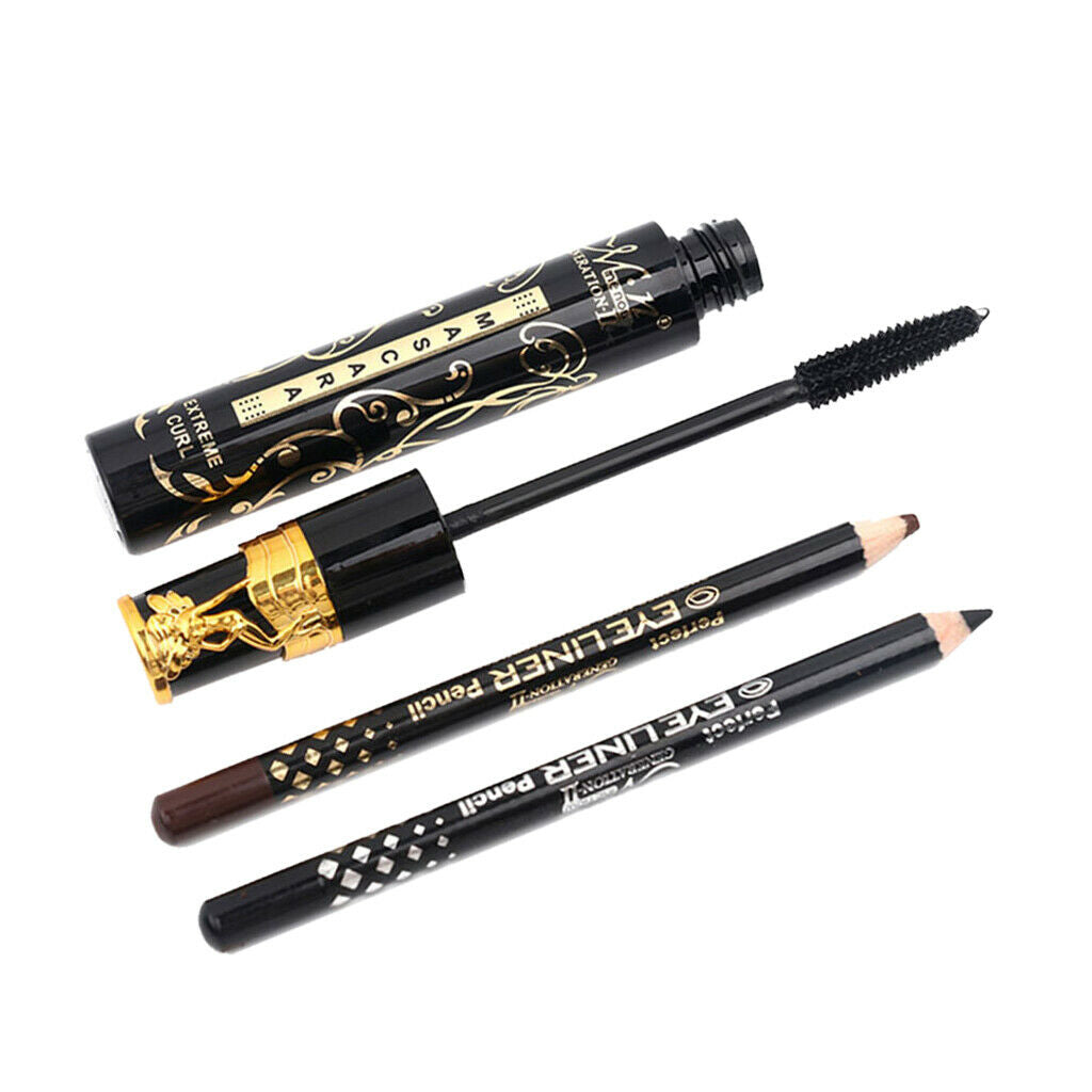 Black Super Long Fiber Curling Mascara Eyelash Extention + Eyeliner Pencils