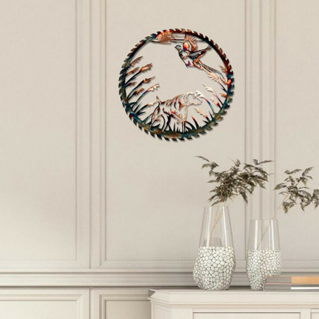 Metal Wall Art Sculpture Round Wall Decor Bird and Dog Indoor Outdoor Accent