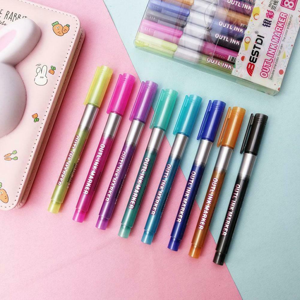 8 Colors Plastic Double Lines Gift Card Art Markers Out line Pens Art Drawing