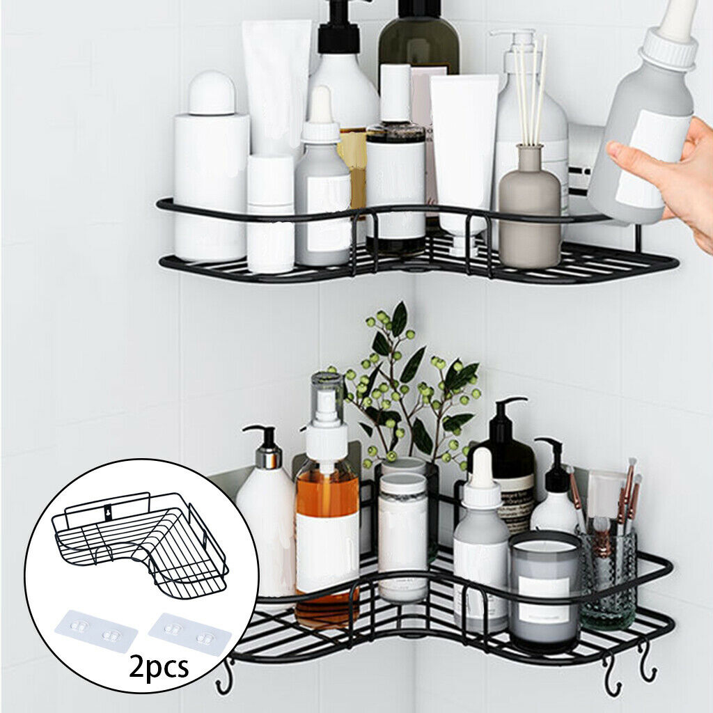 2Pcs Heavy Duty Iron Wall Corner Shelf Shower Basket Adhesive Organizer Rack