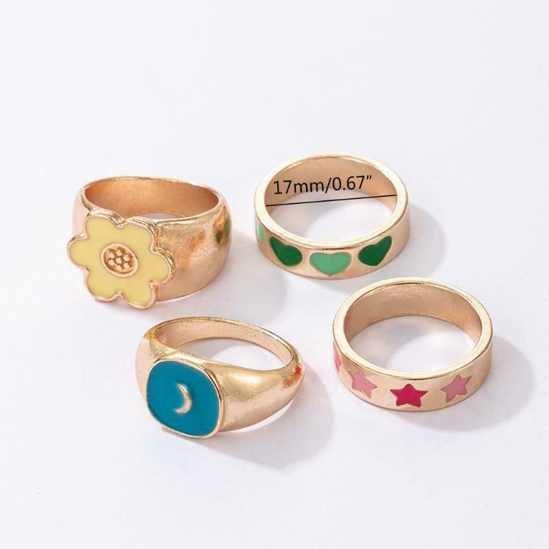 4 PCS Colorful Heart Ring Star Moon Alloy Rings Set for Women Girl Couple