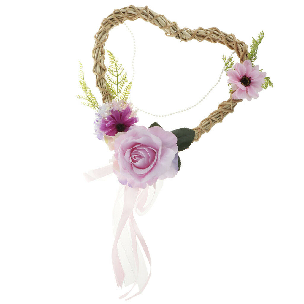 Shabby Chic Rattan Heart Silk Flower Blossom Wreath Door Wall Hanging Home