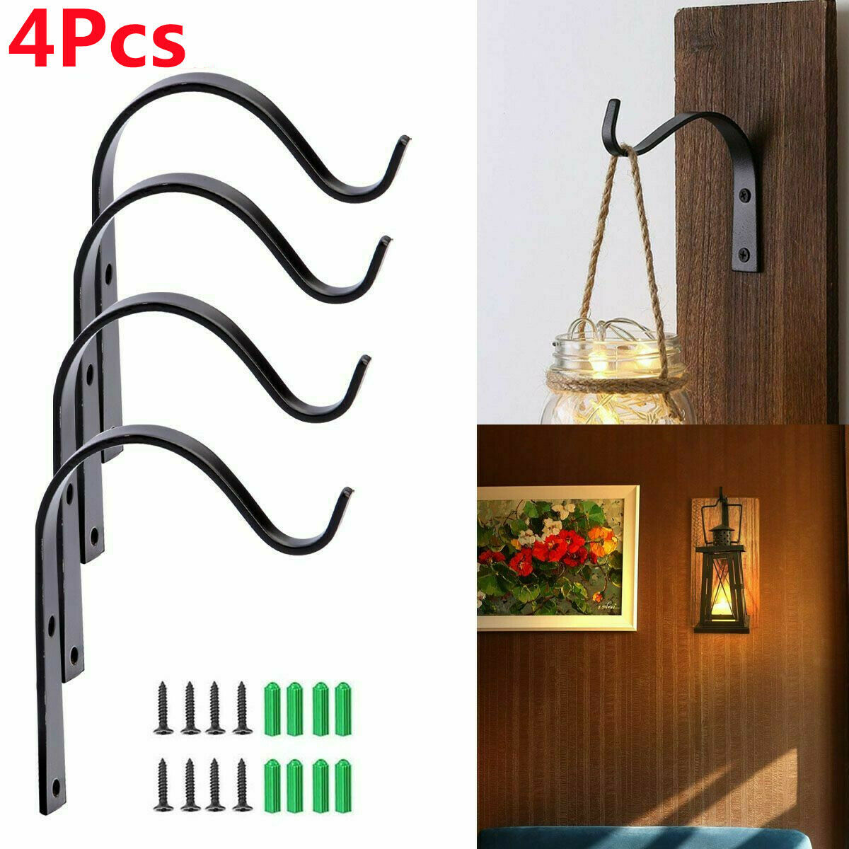 4x Garden Hanging Wall Basket Brackets Metal Outdoor Plant Pots Hanger Hooks
