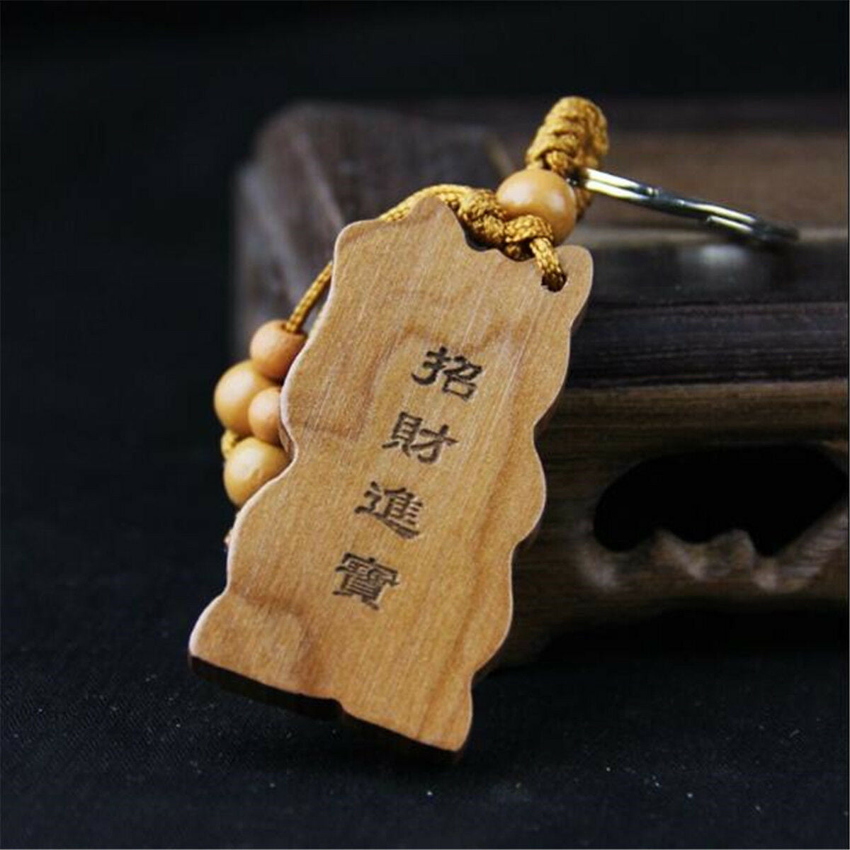 1pc Peach Wood Carving Lucky Fortune Cat Pendant Keychain Key Ring Bag Decor
