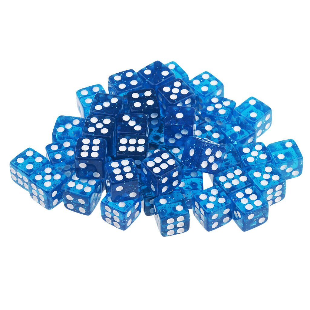 Set of 50 Six Sided Translucent RPG D6 12mm Dice - Blue with White Pips