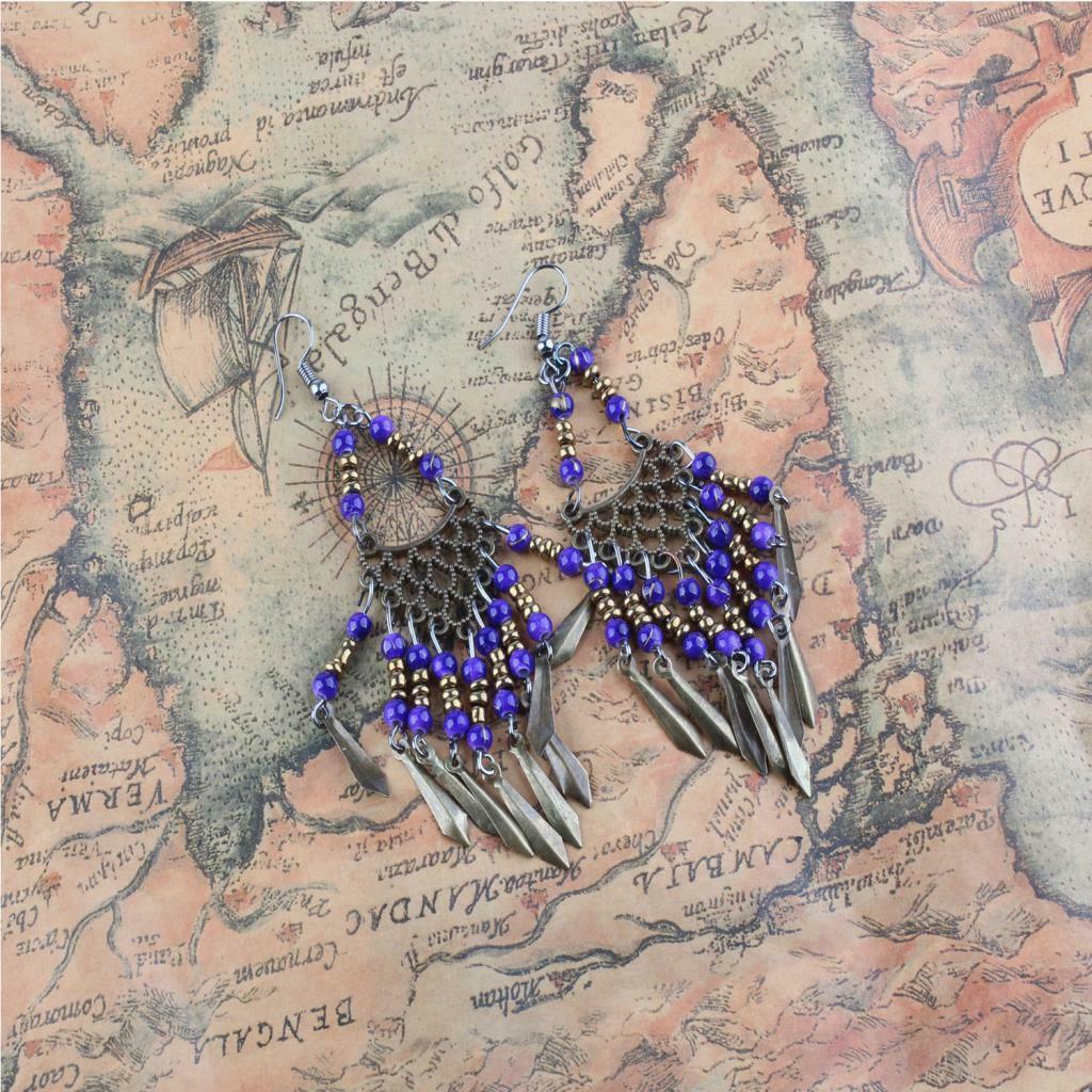 Behomia Ethnic Retro Braided Beads Leaves Tassel Fringe Hook Earrings Blue