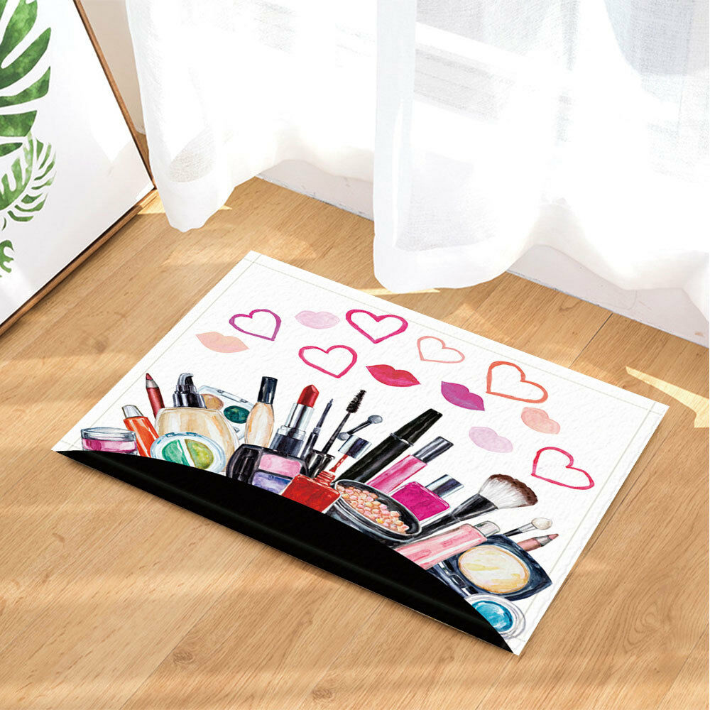 Cosmetic Lipstick And Heart Bathroom Rug Non-Slip Floor Door Mat 16x24"
