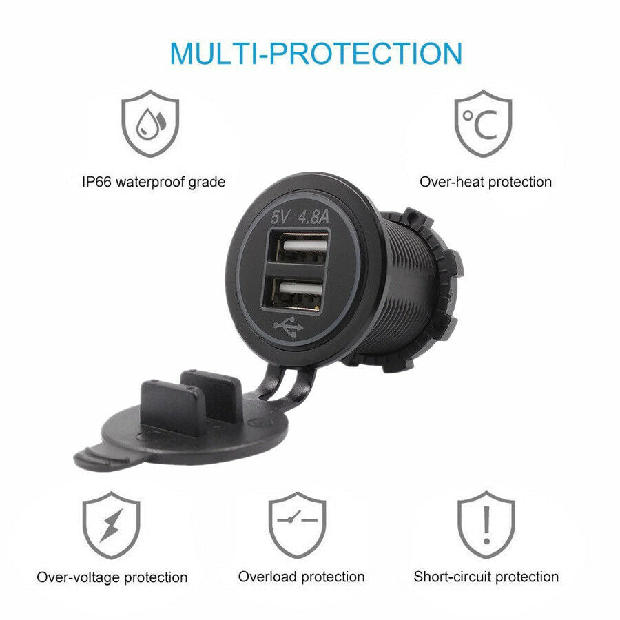 Waterproof Dual USB Phone Charger Socket Power Outlet for Motorcycles Car Truck