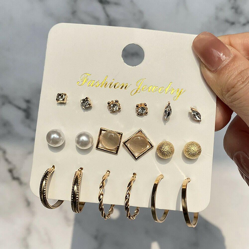 9 Pairs Elegant Women Rhinestone Crystal Zircon Earrings Set Jewelry Ear Stud