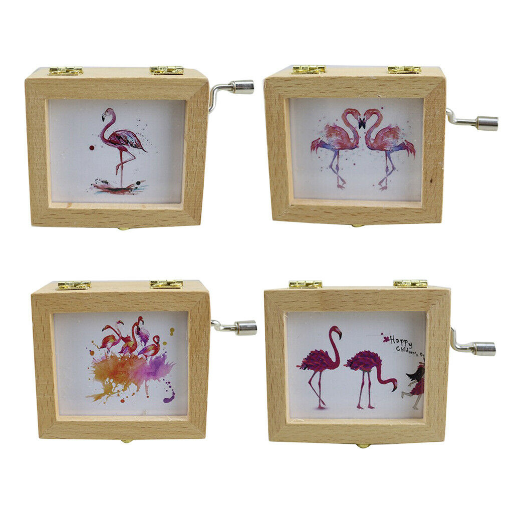 Wood Hand Crank Musical Box Flamingo Decor for Birthday Gift Exquisite