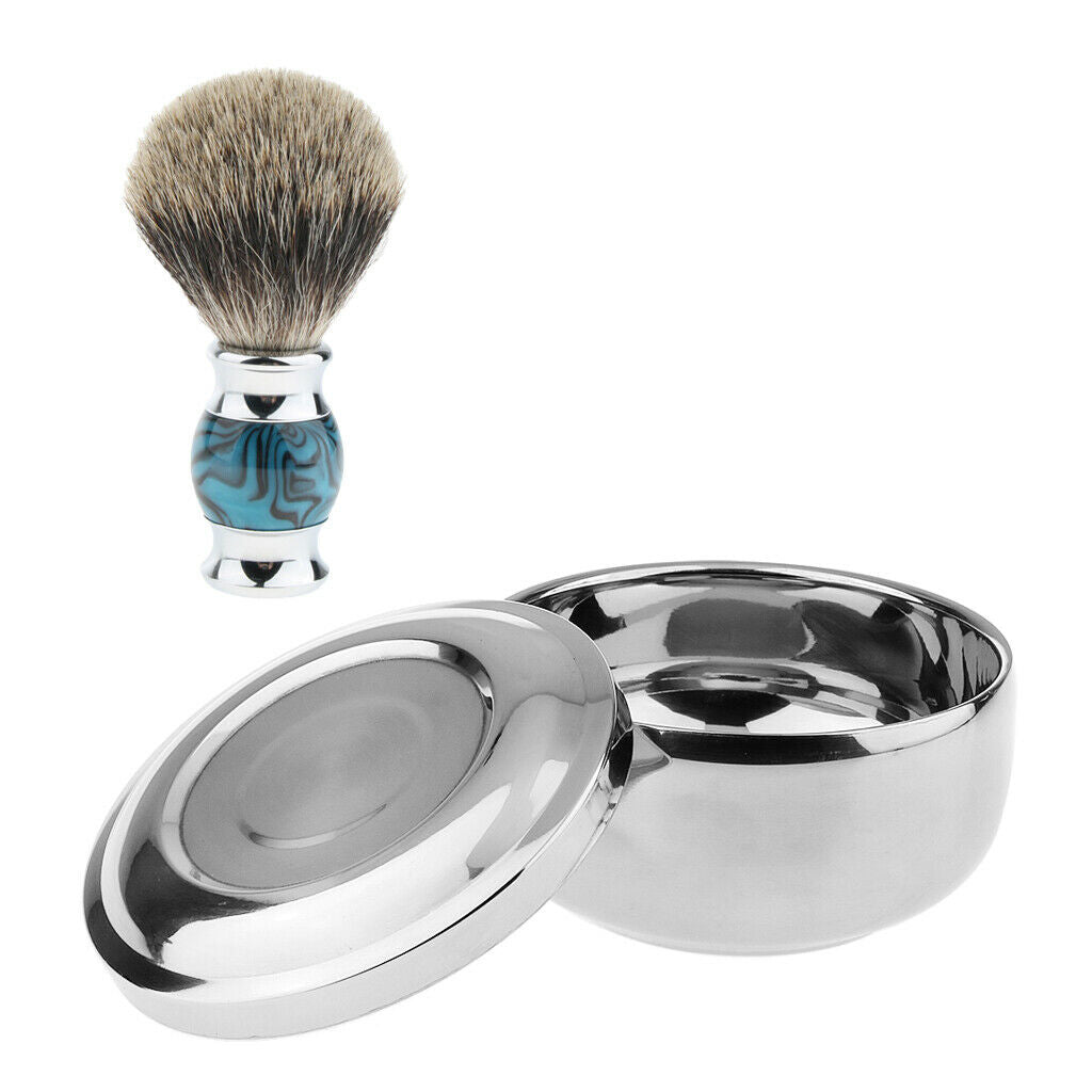 Alloy Men Shaving Bowl Beard Soap Cup with Lid + Wood Handle Shave Brush
